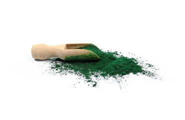 Organic spirulina algae powder in a wooden scoop isolated on white. Organic spirulina powder. Spirulina is a superfood used as a food supplement source of vitamin protein and beta carotene.