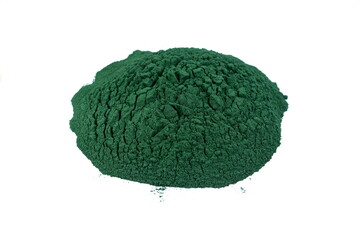 Organic spirulina algae powder isolated on white. Organic spirulina powder. Spirulina is a superfood used as a food supplement source of vitamin protein and beta carotene.