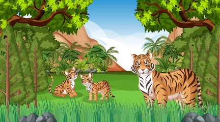 Foto op Canvas Forest or rainforest scene with tiger family © blueringmedia