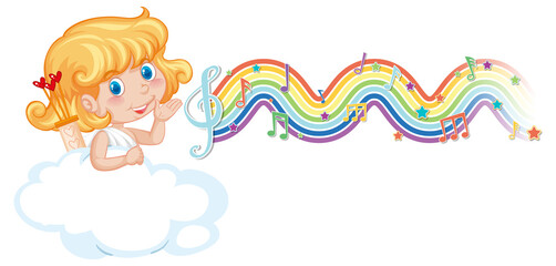 Cupid girl with melody symbols on rainbow wave