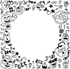 Round Frame with Halloween symbols. Doodle cute template. Funny, cute illustration for seasonal design, textile, decoration kids playroom or greeting card. Hand drawn prints and doodle.