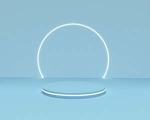 3d rendering podium platform with blue neon frame in abstract stage for product placement and display.