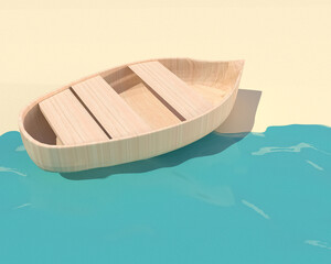 old boat and white beach on a Sunny day. minimal summer scene. 3D Rendering.