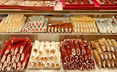 various types of Turkish delicacy. Pistachio, jelly and peanuts.