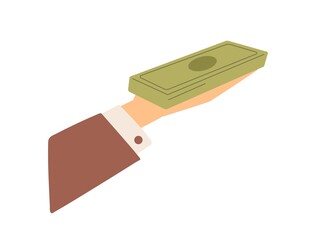 Hand holding money stack, giving or receiving cash. Male arm with dollar banknotes on palm paying for smth. Concept of salary payout and bribe. Flat vector illustration isolated on white background