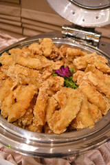 buffet party catering with asian and western cuisine, canapé and butler, sushi, dessert and drink halal menu for corporate fine dining at luxury hotel restaurant ballroom