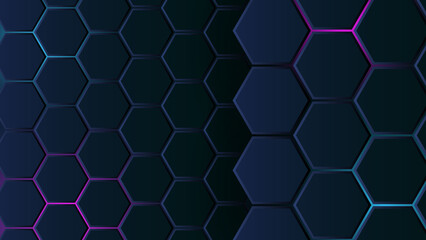 abstract metal hexagon background with blue and pink light