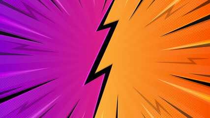 Fototapeta premium Colorful versus comic style background with lightning and halftone effect.