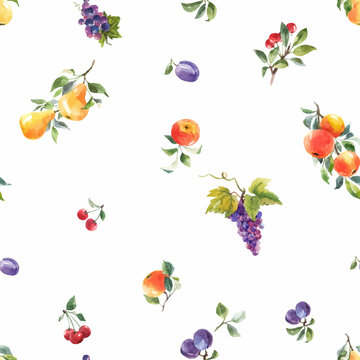 Beautiful vector seamless pattern with hand drawn watercolor tasty summer pear apple grape cherry plum fruits. Stock illustration.