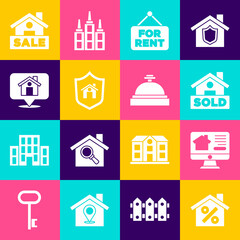 Set House with percant discount, Online real estate house, Hanging sign text Sold, For Rent, shield, Location, Sale and Hotel service bell icon. Vector