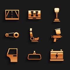 Set Car seat, mirror, battery, Paint spray gun, door, Timing belt kit, Gear shifter and Gps device with map icon. Vector