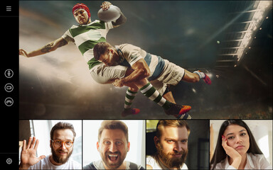 Young men and women watching rugby football game online, using video app. PC, laptop screen with rugby players and spectators, fans. Collage