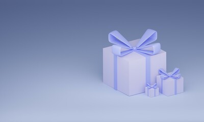 Three blue gift boxes. Isolated on a blue background. Located on the right side. There is room for text. copy space.