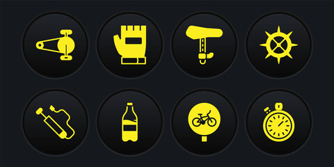 Set Bicycle air pump, sprocket crank, Sport bottle with water, seat, Gloves, Stopwatch and chain gear icon. Vector