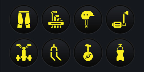 Set Bicycle for kids, pedal, fork, Unicycle one wheel bicycle, helmet, Tool allen keys, Sport bottle with water and Cycling shorts icon. Vector © vector_v