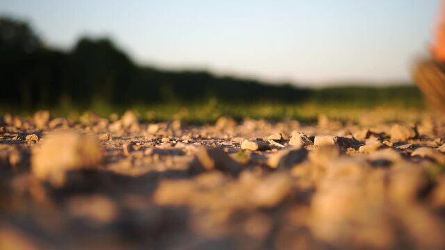 Girl, traveler, engaged hiking beautiful natural places her city, region. Close-up foot in sandals walking along a gravel country road in a field. Route, direction in life, symbol of the path, change