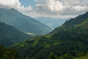 Naklejka na ściany i meble Beautiful greeny landscape of mountains in Pokhara, Himalaya mountains range in Nepal