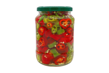 A jar of chopped hot peppers and pickles isolated on a white background