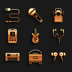 Set Electric bass guitar, Stereo speaker, Air headphones, Music synthesizer, player, Man in and Audio jack icon. Vector