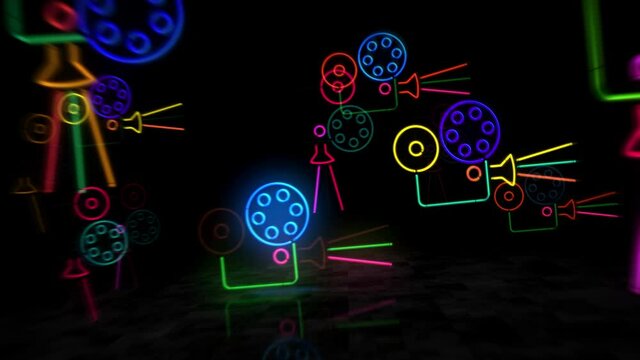 Cinema neon symbol. Light color bulbs. Movie projector, film, video camera, multimedia and entertainment abstract seamless and loopable concept. 3d flying through the tunnel animation.