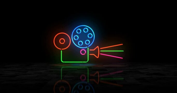Cinema neon glowing symbol. Light color bulbs. Movie projector, film, video camera, multimedia and entertainment abstract concept 3d animation.