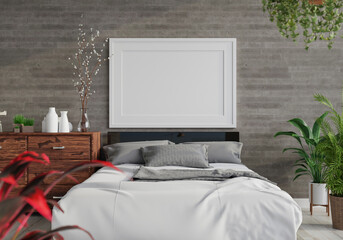 3D Modern interior of bedroom with mockup photo frame