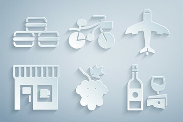 Set Grape fruit, Plane, Coffee shop, Wine bottle with cheese, Bicycle and Macaron cookie icon. Vector