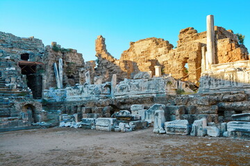 Ruins of the ancient amphitheater in Side, Turkey