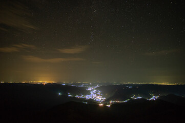 Beautiful night landscape, panorama of the small town of Yaremche in the Carpathian mountains
