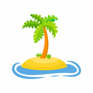 Cartoon Palm Tree With Island Isolated on White Background. Coconut Palm Tree Icon. Vector illustration.