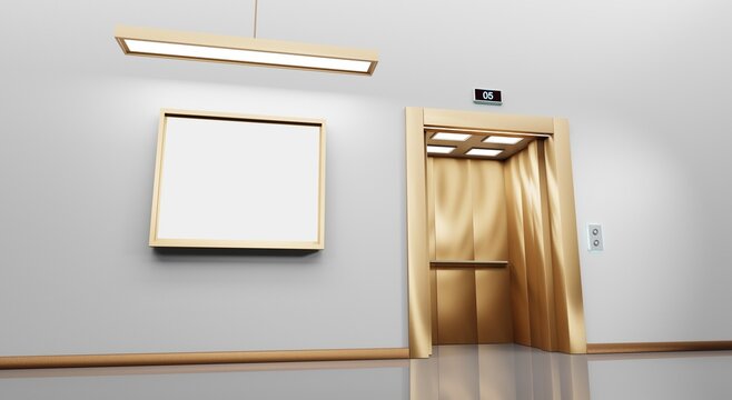 Golden elevator with open door and ad blank billboard or hang LCD screen on wall in office or hotel hallway, perspective view. Luxury empty lobby interior with lift and mockup white display, 3d render