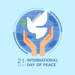 International day of peace - hands are letting the dove of peace to fly on blue circle world on soft blue background modern flat style vector Design