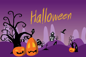 Happy Halloween banner or party invitation background with night clouds and pumpkins in paper cut style. Vector illustration. Full moon in the sky, spiders web and flying bats.