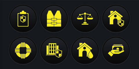 Set Lifebuoy, House with shield, flood, Scales of justice, jacket, Stacks paper money cash and Document icon. Vector