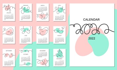 Calendar set on 2022 year. Isolated on pink and mint background. Vector illustration. Simple trendy line art with colored spots. Every month on a separate A4 page. Week starts on Monday.