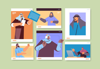 arab businesspeople in web browser windows discussing during video call business people team using virtual conference