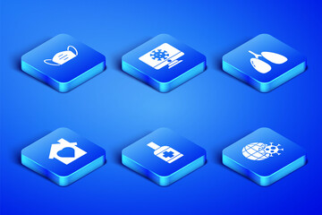 Set Earth globe with virus, Medical protective mask, Liquid antibacterial soap, House heart inside, Virus statistics on monitor and Lungs icon. Vector