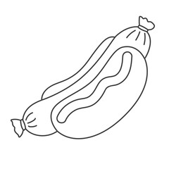 Simple picture with hot-dog isolated on white background. Vector illustration. Sausage, bun, ketchup, mayonnaise, mustard, fast food, meat, unvegeterian, tasty, delicious, doodle style, coloring book
