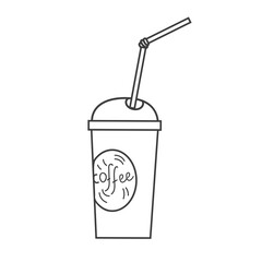 A cup of coffee isolated on white background. Simple line art, doodle style. Vector illustration. Decor for menu restaurant, street cafe, fast-food store, market. Fast drink, energy, feeding.