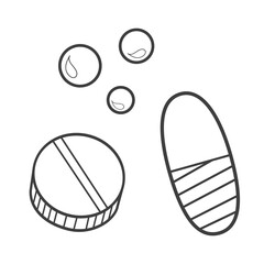 Medicines in tablets, pills and capsules. Isolated on white background. Vector illustration. Simple line-art, doodle style. Icons for drug store, clinic, hospital, social media. Health care, treatment