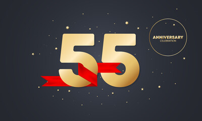 55 year anniversary banner with red ribbon on white. 55th years celebration. Poster or brochure template. Vector EPS 10. Isolated on background