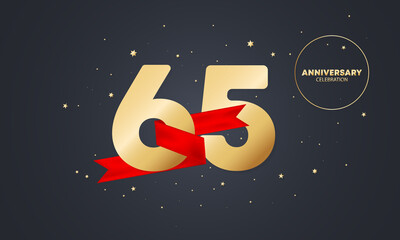 65 year anniversary banner with red ribbon on white. 65th years celebration. Poster or brochure template. Vector EPS 10. Isolated on background
