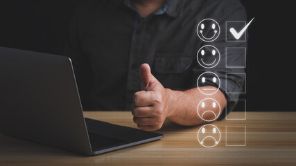 Customer service and Satisfaction concept. rating very impressed.  Happy Smiley face icon to give satisfaction in service.