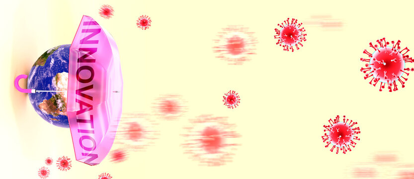 Covid innovation - corona virus attacking Earth that is protected by an umbrella with English word innovation as a symbol of a human fight with coronavirus pandemic, 3d illustration