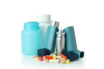 Asthma treatment accessories isolated on white background