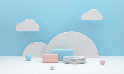 square podium and marble circle white semicircle backdrop in a blue studio with clouds for displaying products