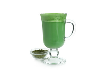 Cup of matcha latte isolated on white background
