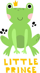 Cute cartoon childish  funny vector character prince with a crown and hand drawn lettering.