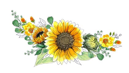 Watercolor sunflowers composition. Hand painted illustration, isolated on white background. Design element of floral decoration for wedding printing