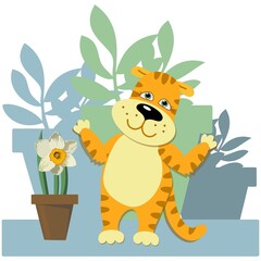 Obraz na płótnie Canvas the character of a cute tiger cub grew a daffodil flower in a pot